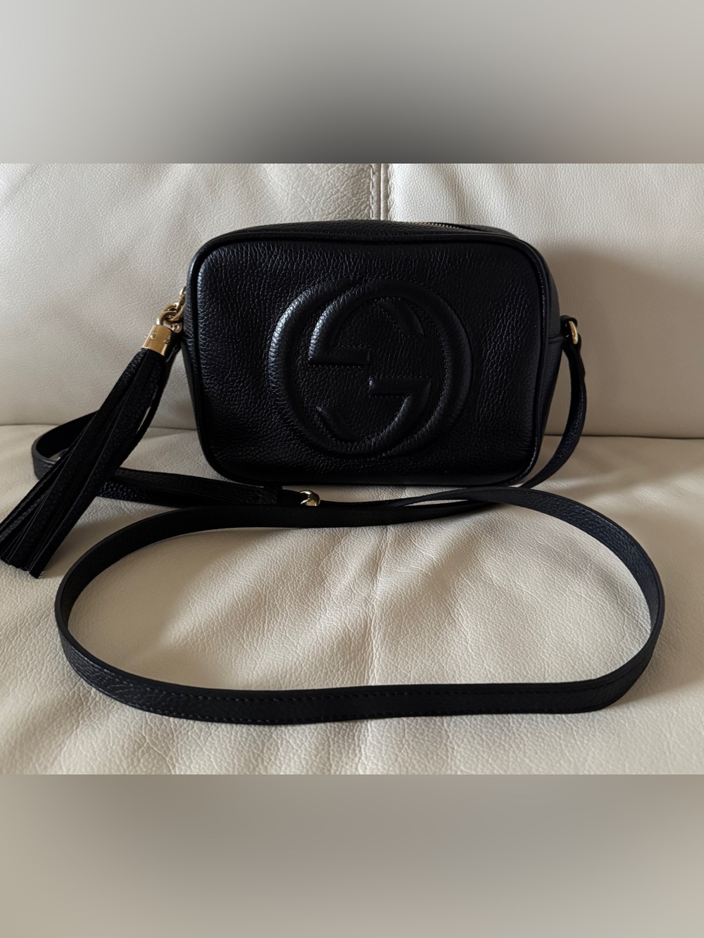 Gucci Soho Disco Camera Crossbody Bag with Tassel in Black Leather